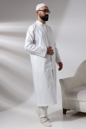 White Men's Prayer Dress V-Neck Buttonless Open Front Prayer Robe - 2