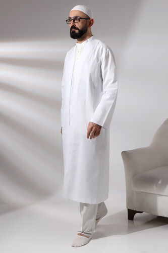 White Men's Prayer Dress V-Neck Buttonless Open Front Prayer Robe - 4