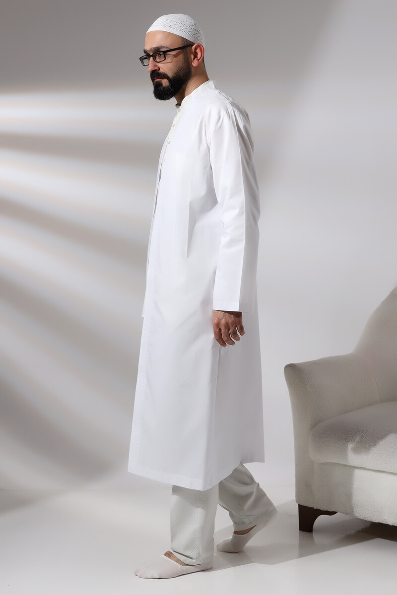 White Men's Prayer Dress V-Neck Buttonless Open Front Prayer Robe - 5