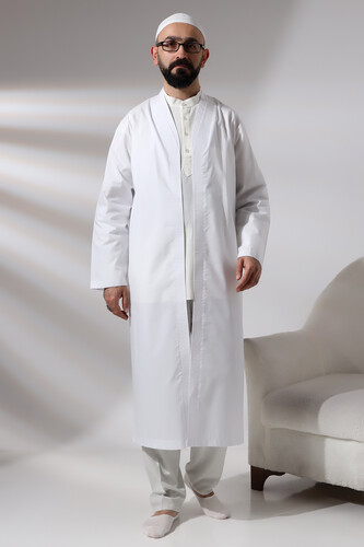 White Men's Prayer Dress V-Neck Buttonless Open Front Prayer Robe - 6