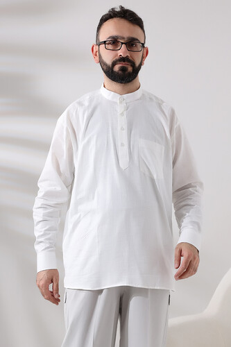 White Men's Relaxed Cut 3-Button Judge Collar Hajj and Umrah Linen Shirt - 1