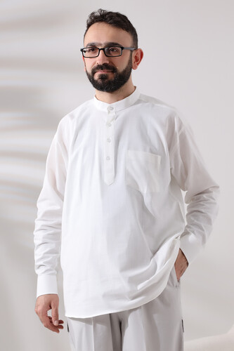 White Men's Relaxed Cut 3-Button Judge Collar Hajj and Umrah Linen Shirt - 2