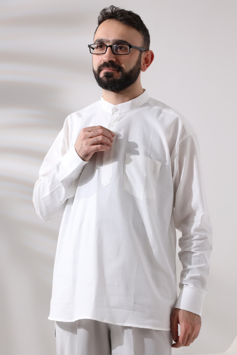 White Men's Relaxed Cut 3-Button Judge Collar Hajj and Umrah Linen Shirt - 3