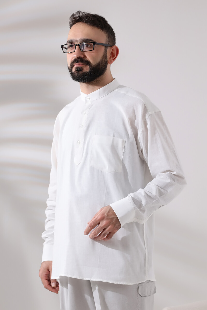 White Men's Relaxed Cut 3-Button Judge Collar Hajj and Umrah Linen Shirt - 5