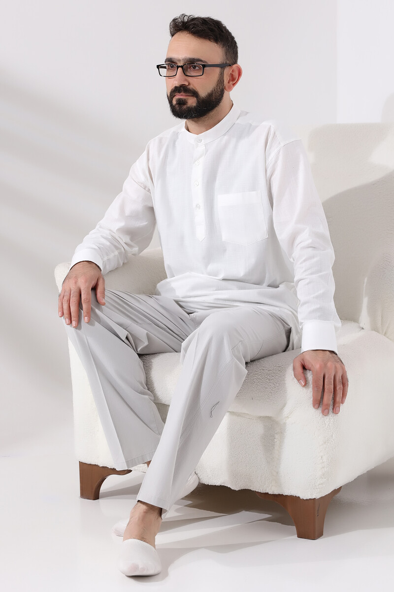 White Men's Relaxed Cut 3-Button Judge Collar Hajj and Umrah Linen Shirt - 7