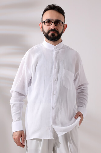 White Men's Relaxed Cut Collar Sile Cloth Hajj and Umrah Shirt - 1