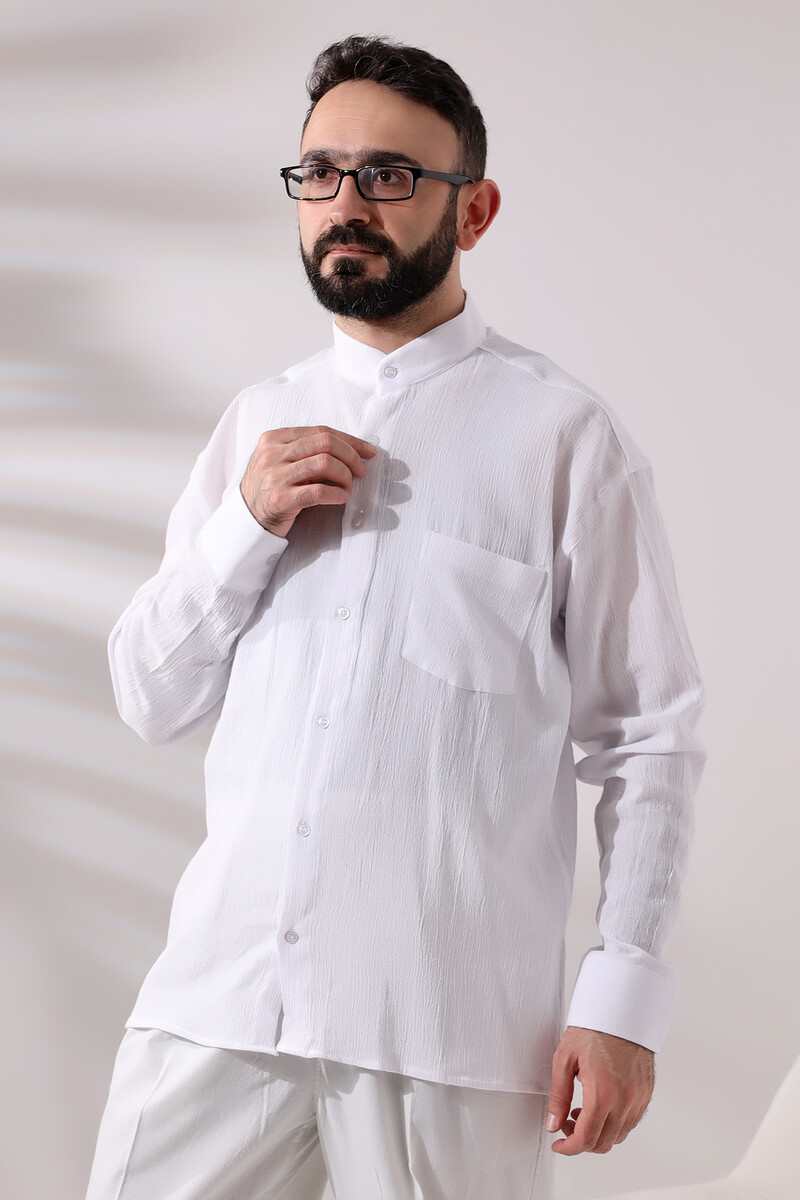 White Men's Relaxed Cut Collar Sile Cloth Hajj and Umrah Shirt - 2