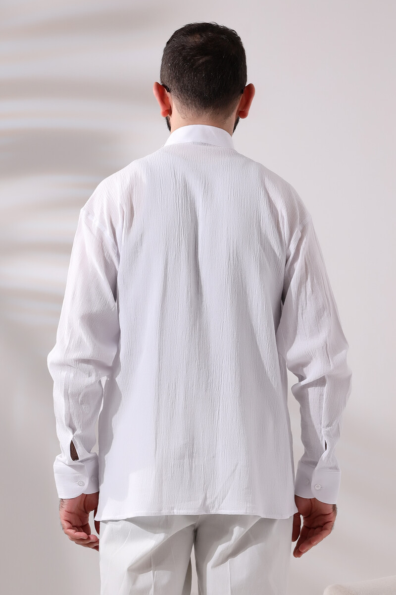 White Men's Relaxed Cut Collar Sile Cloth Hajj and Umrah Shirt - 3