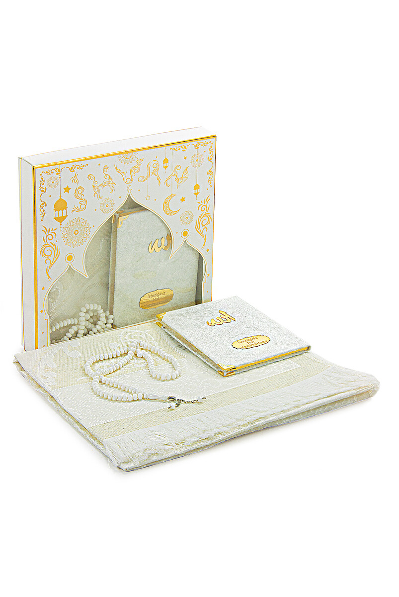 White Mevlüt Gift Velvet Covered Book of Yasin Prayer Beads Dowry Prayer Rug Set - 1