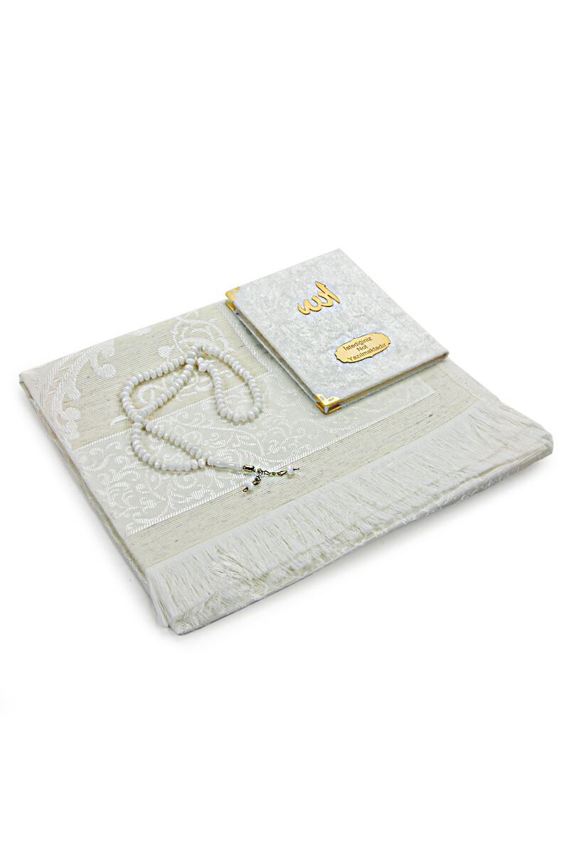 White Mevlüt Gift Velvet Covered Book of Yasin Prayer Beads Dowry Prayer Rug Set - 3