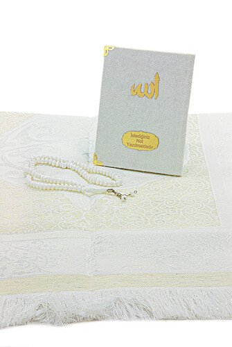 White Mevlüt Gift Velvet Covered Book of Yasin Prayer Beads Dowry Prayer Rug Set - 4