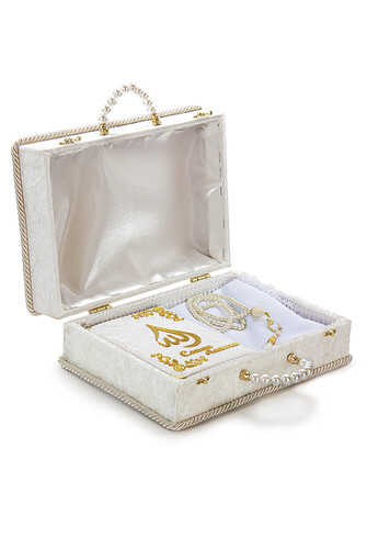 White Quran Set with Velvet Case, Scarf and Prayer Beads for My Dear Mother - 1