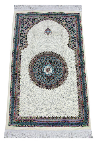 White Traditional Motif Knitted Fringed Mihrab Lined Chenille Prayer Rug - 1