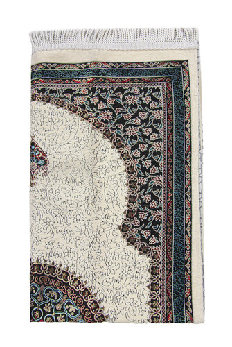 White Traditional Motif Knitted Fringed Mihrab Lined Chenille Prayer Rug - 3