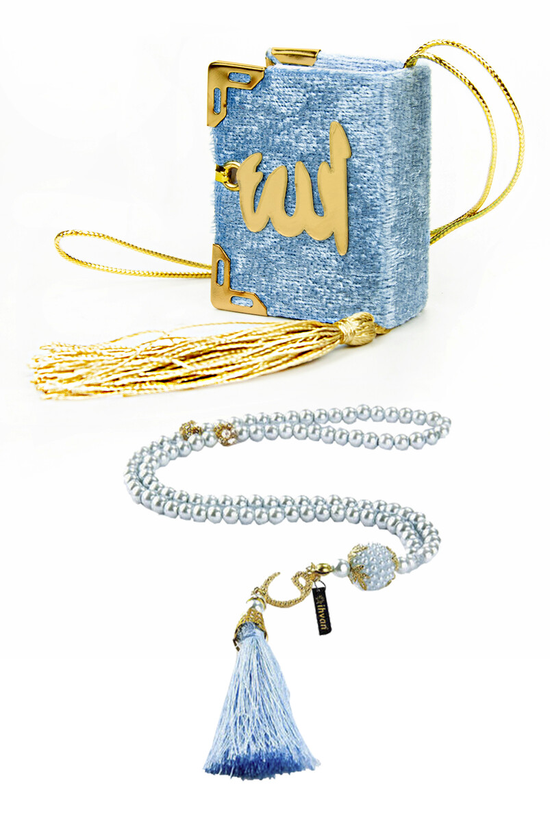 Window-Boxed Mini Quran Set - Pearl Prayer Beads - Plexiglass - Blue - 3