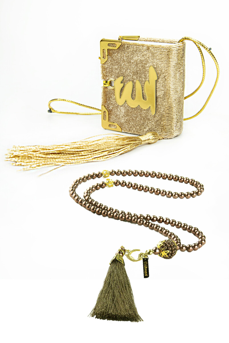 Window-Boxed Mini Quran Set - Pearl Prayer Beads - Plexiglass - Gold - 3