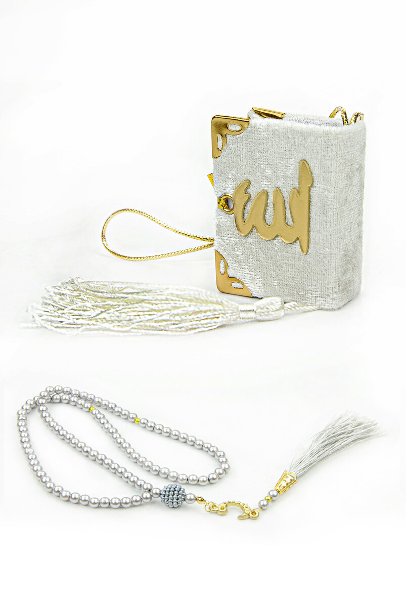 Window-Boxed Mini Quran Set - Pearl Prayer Beads - Plexiglass - Gray - 3