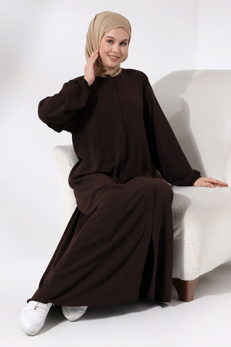 Women's Dark Brown Aerobin Hidden Zipper Hijab Abaya Dress - 7