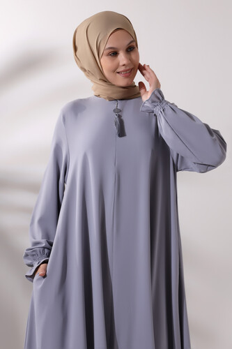 Women's Gray Half Zipper Hijab Abaya Dress with Elastic Sleeves - 2