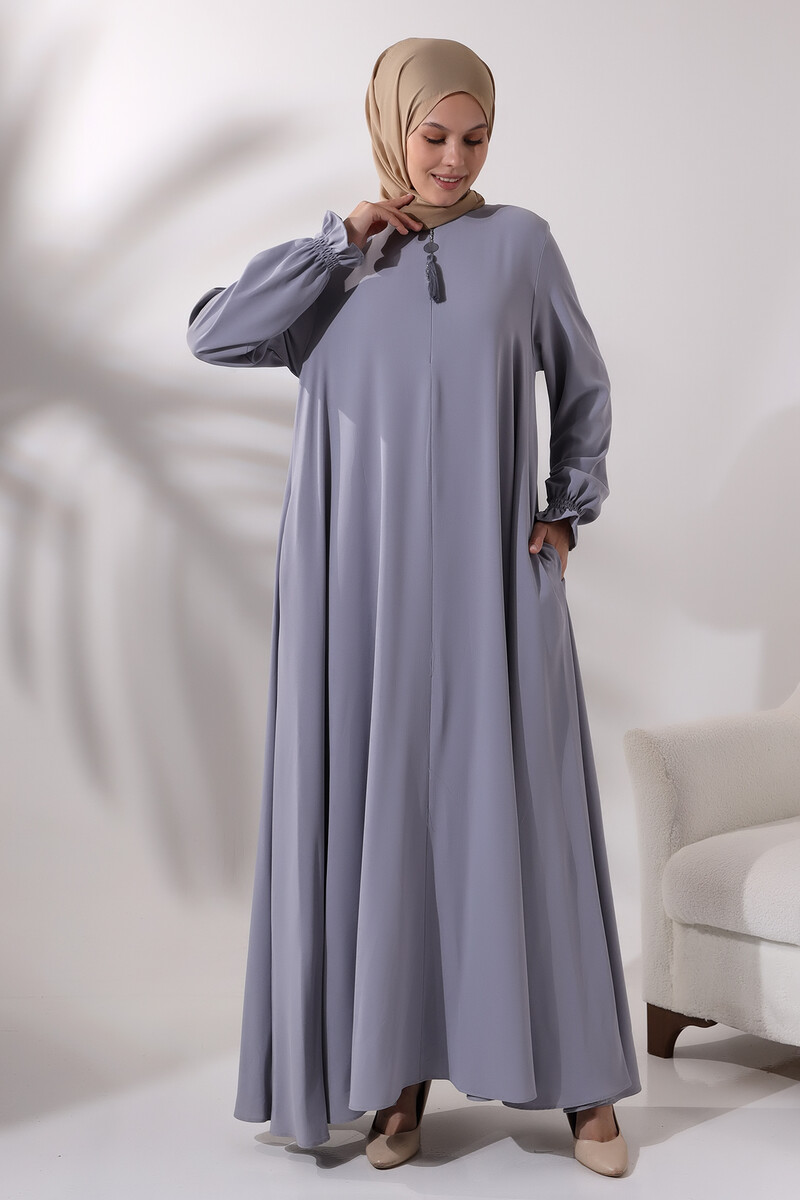 Women's Gray Half Zipper Hijab Abaya Dress with Elastic Sleeves - 4