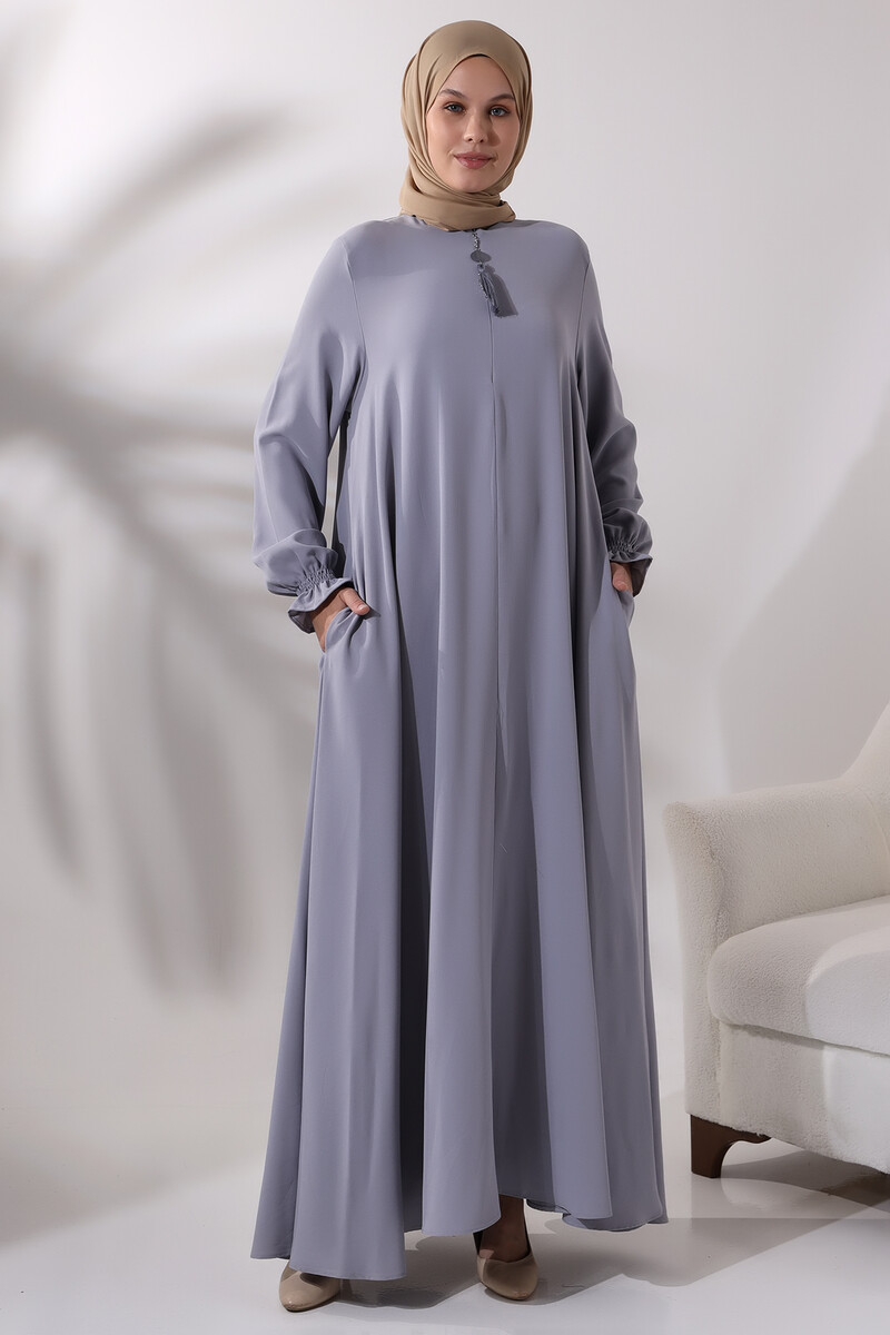 Women's Gray Half Zipper Hijab Abaya Dress with Elastic Sleeves - 1