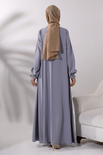 Women's Gray Half Zipper Hijab Abaya Dress with Elastic Sleeves - 5