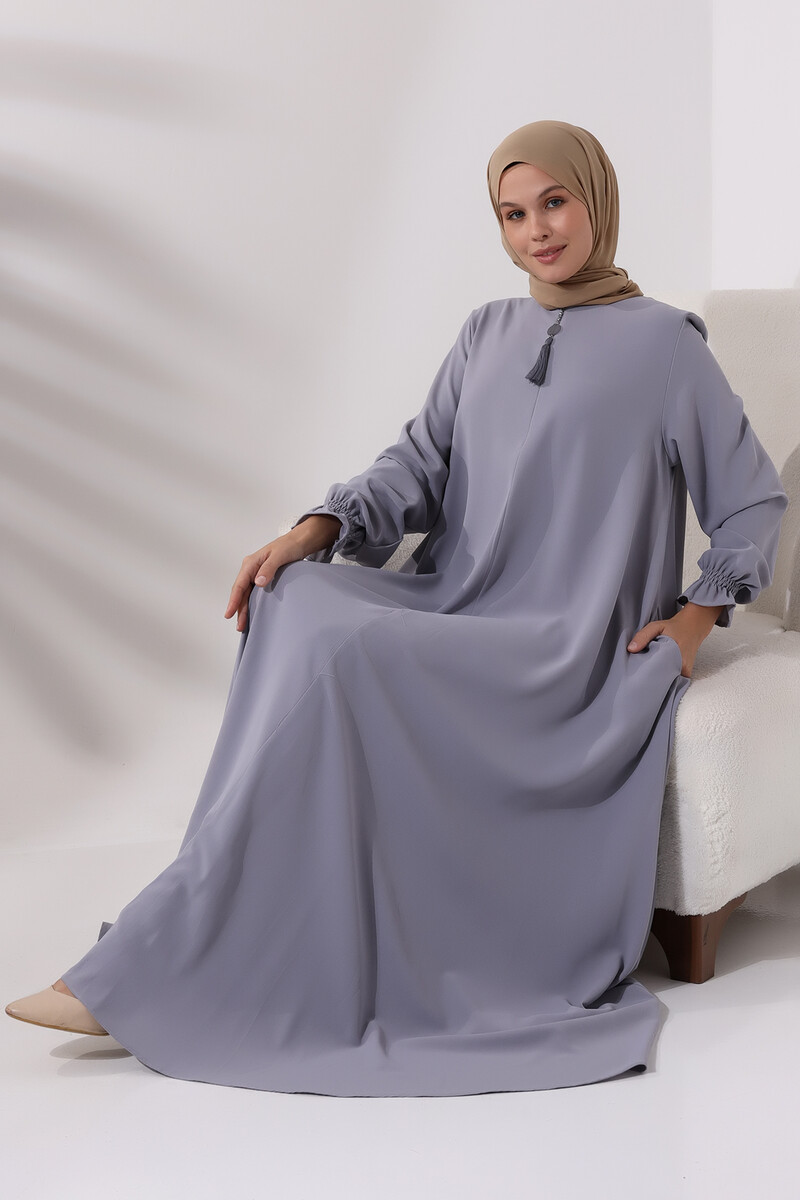 Women's Gray Half Zipper Hijab Abaya Dress with Elastic Sleeves - 6