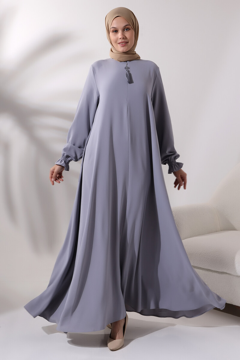 Women's Gray Half Zipper Hijab Abaya Dress with Elastic Sleeves - 3