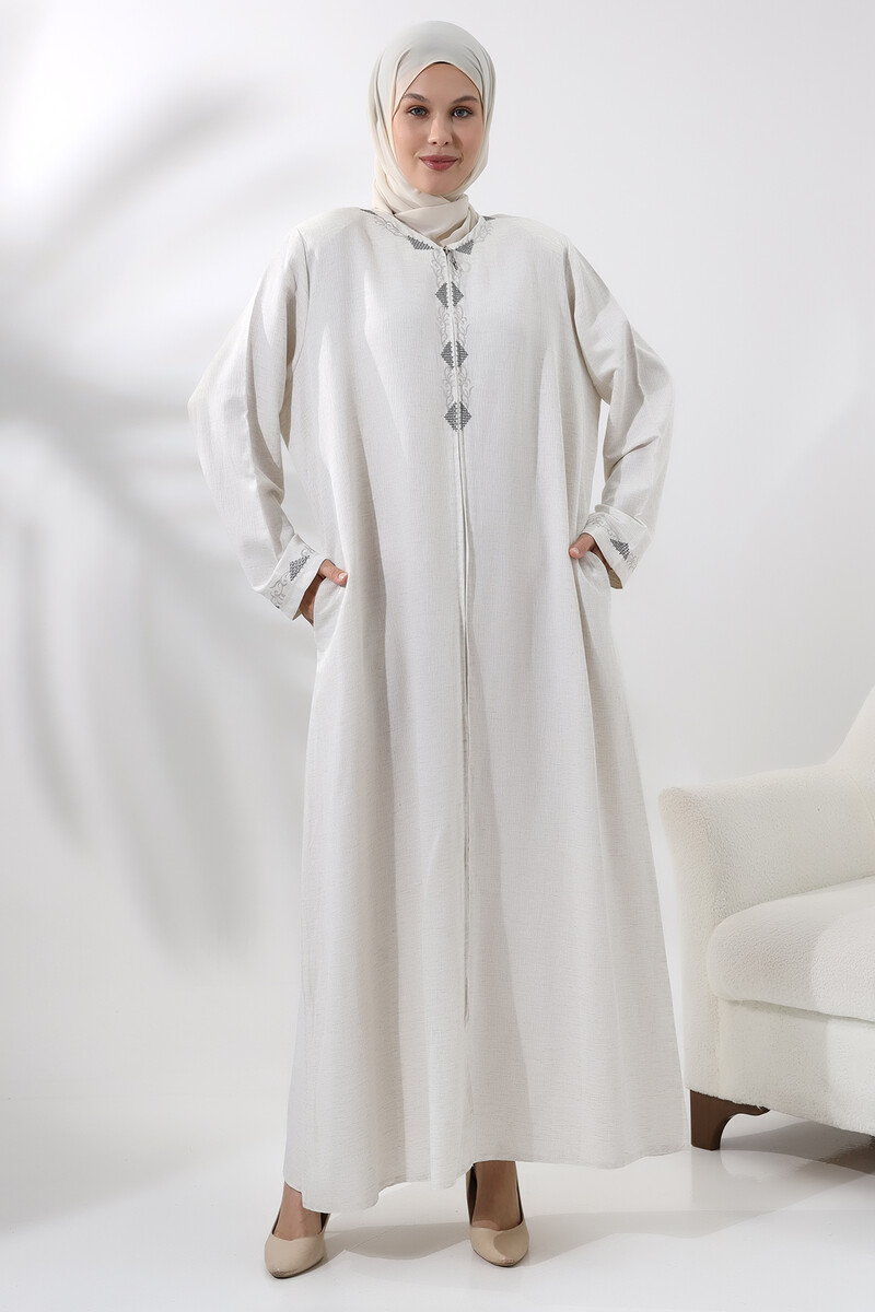 Women's Hajj and Umrah Clothing Embroidered Linen Cream - 1