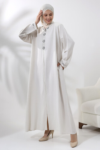 Women's Hajj and Umrah Clothing Embroidered Linen Cream - 2