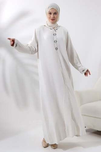 Women's Hajj and Umrah Clothing Embroidered Linen Cream - 3