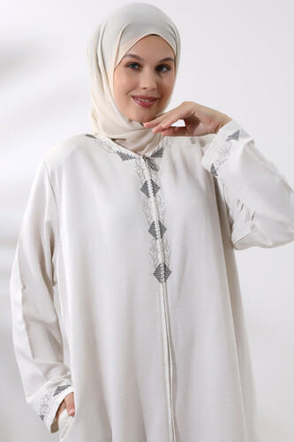 Women's Hajj and Umrah Clothing Embroidered Linen Cream - 4