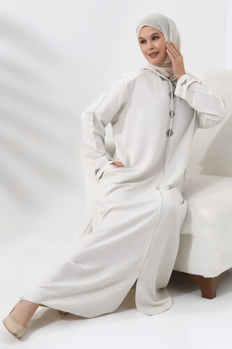 Women's Hajj and Umrah Clothing Embroidered Linen Cream - 5