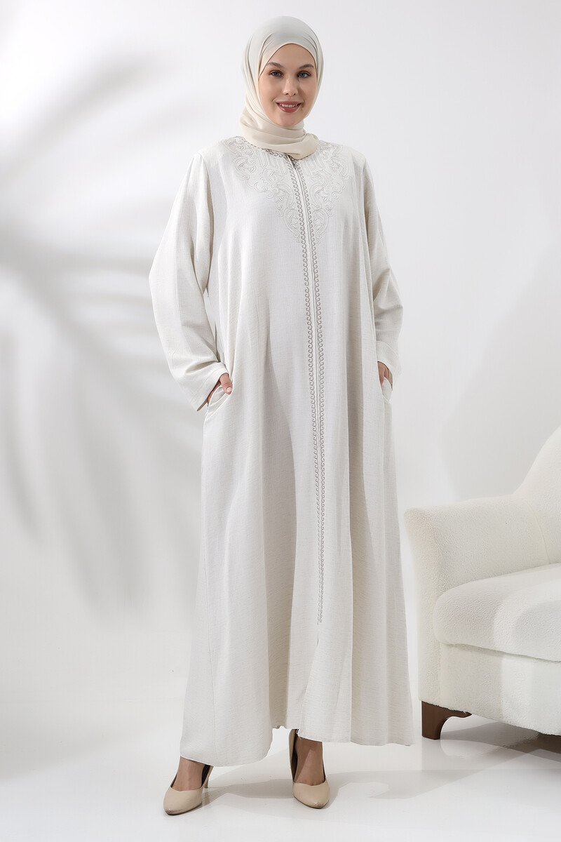 Women's Hajj and Umrah Clothing Embroidered Linen Cream - 1