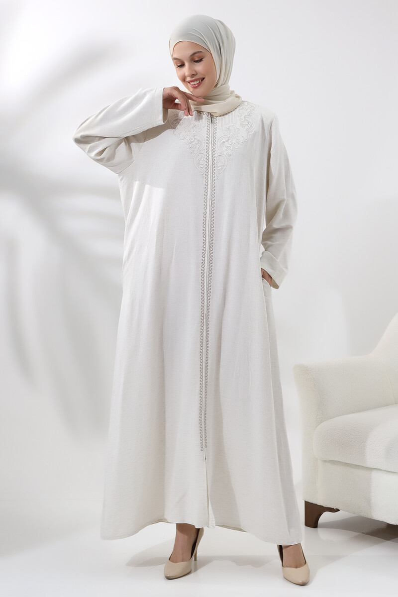 Women's Hajj and Umrah Clothing Embroidered Linen Cream - 2