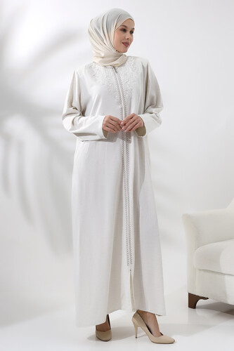 Women's Hajj and Umrah Clothing Embroidered Linen Cream - 3