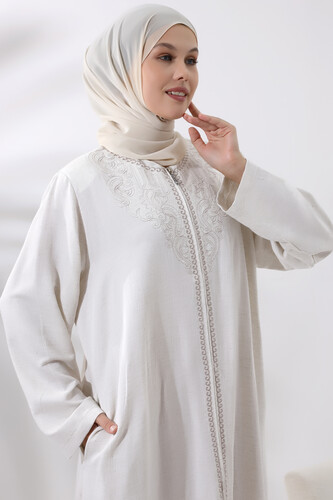 Women's Hajj and Umrah Clothing Embroidered Linen Cream - 4