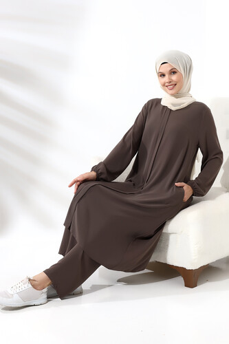 Women's Hajj and Umrah Clothing Hijab Double Set Milky Brown - 6