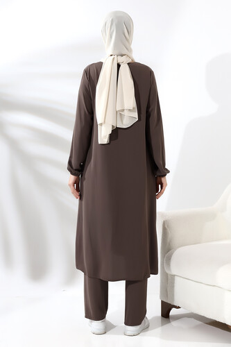 Women's Hajj and Umrah Clothing Hijab Double Set Milky Brown - 7