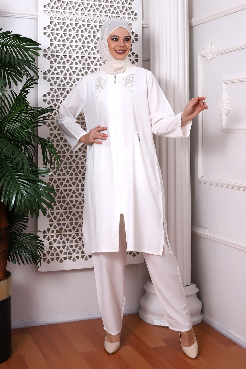 Women's Hajj and Umrah Dress White Zipper Floral Pattern - 1