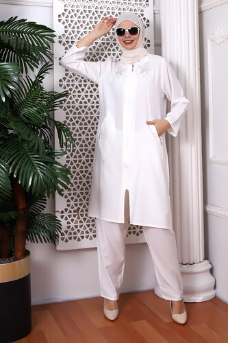 Women's Hajj and Umrah Dress White Zipper Floral Pattern - 5