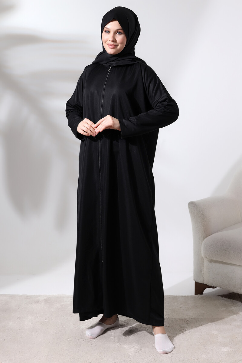 Women's One Piece Zippered Prayer Dress with Headscarf Black - 2