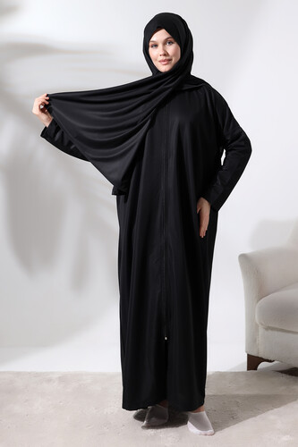 Women's One Piece Zippered Prayer Dress with Headscarf Black - 1