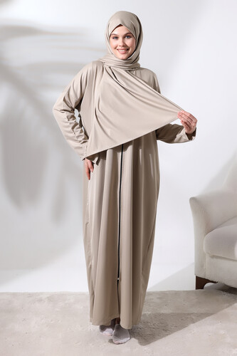 Women's One Piece Zippered Prayer Dress with Headscarf Mink - 1