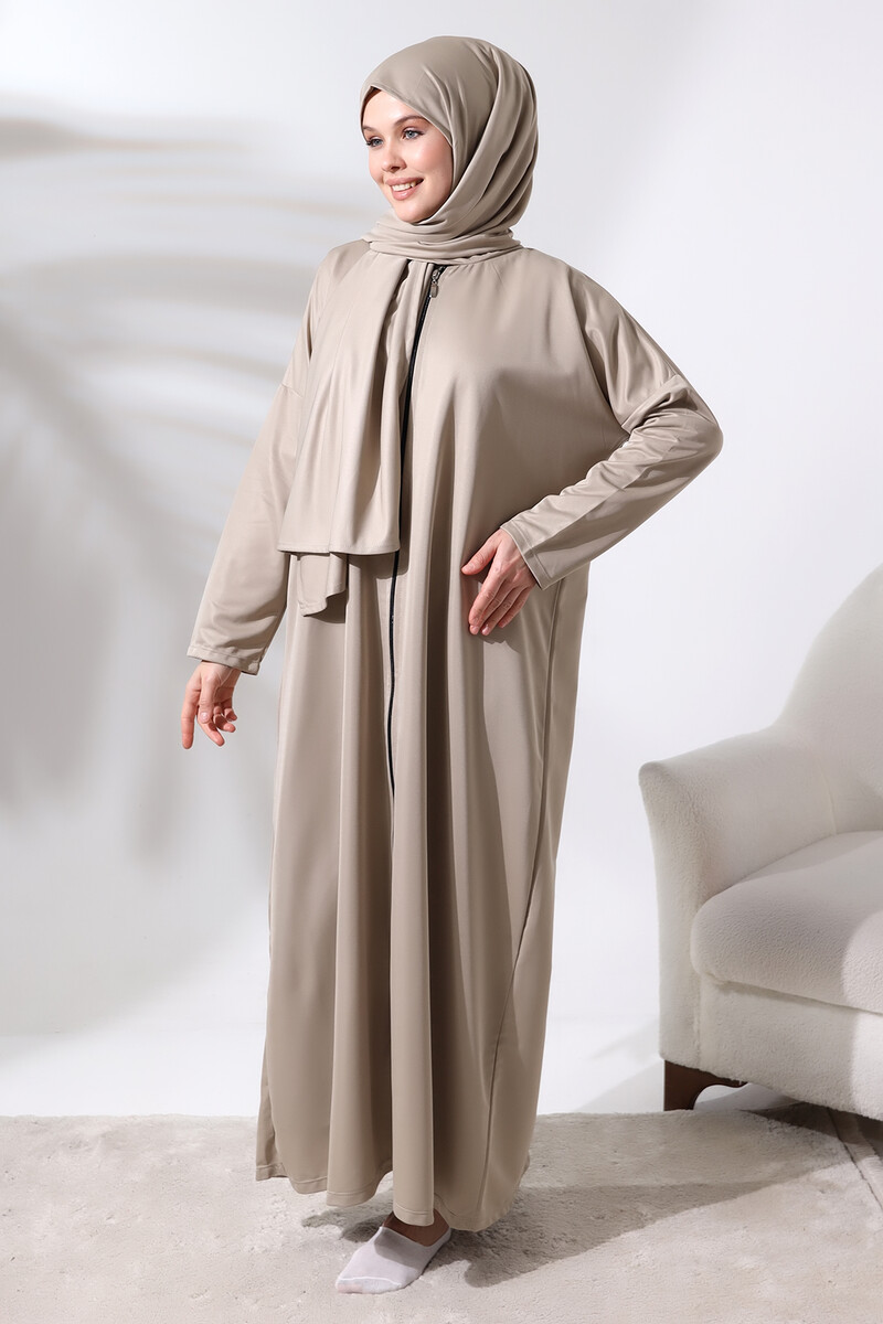 Women's One Piece Zippered Prayer Dress with Headscarf Mink - 2