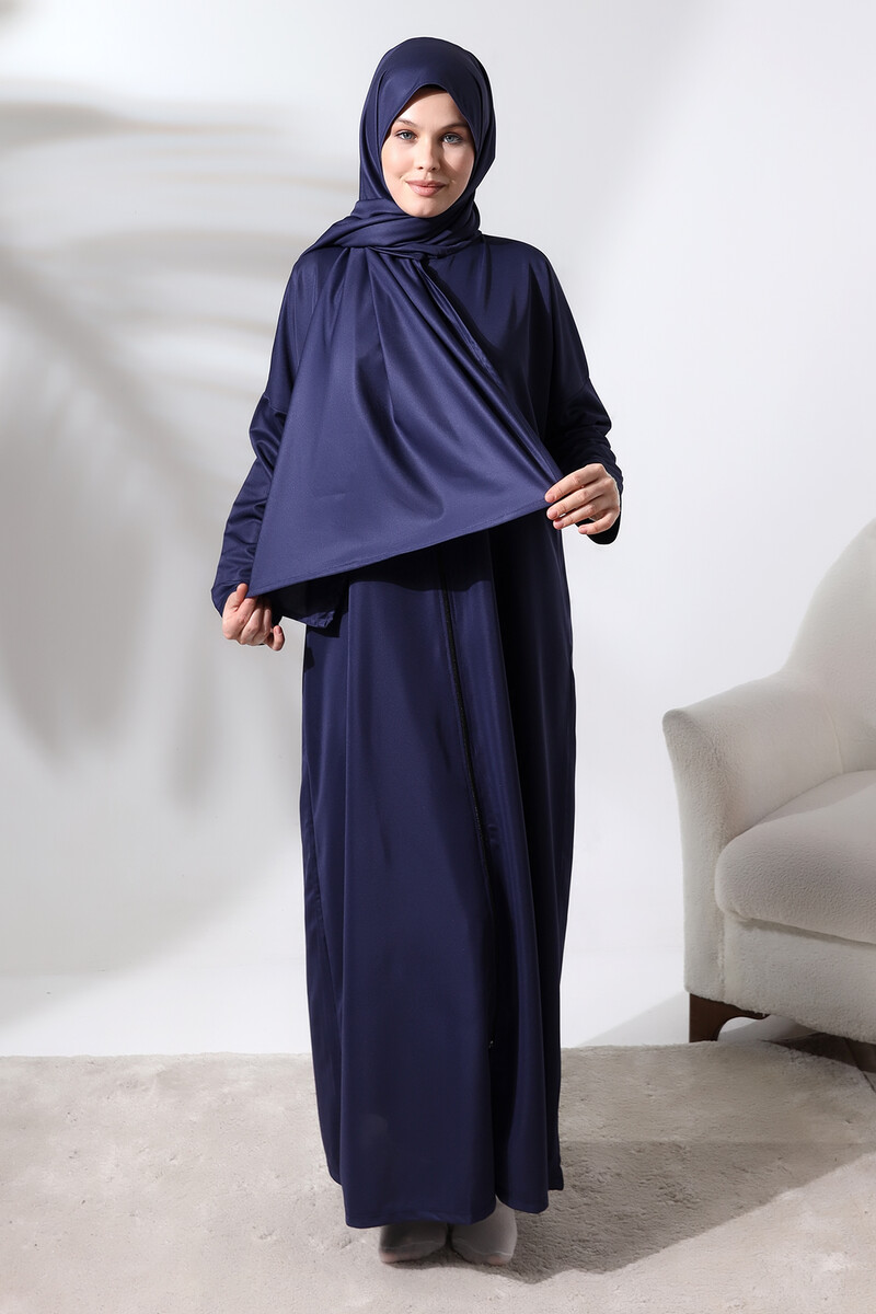 Women's One Piece Zippered Prayer Dress with Headscarf Navy Blue - 1