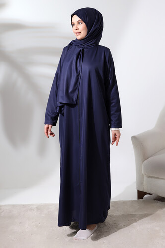 Women's One Piece Zippered Prayer Dress with Headscarf Navy Blue - 2