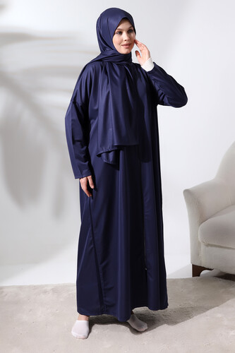 Women's One Piece Zippered Prayer Dress with Headscarf Navy Blue - 3