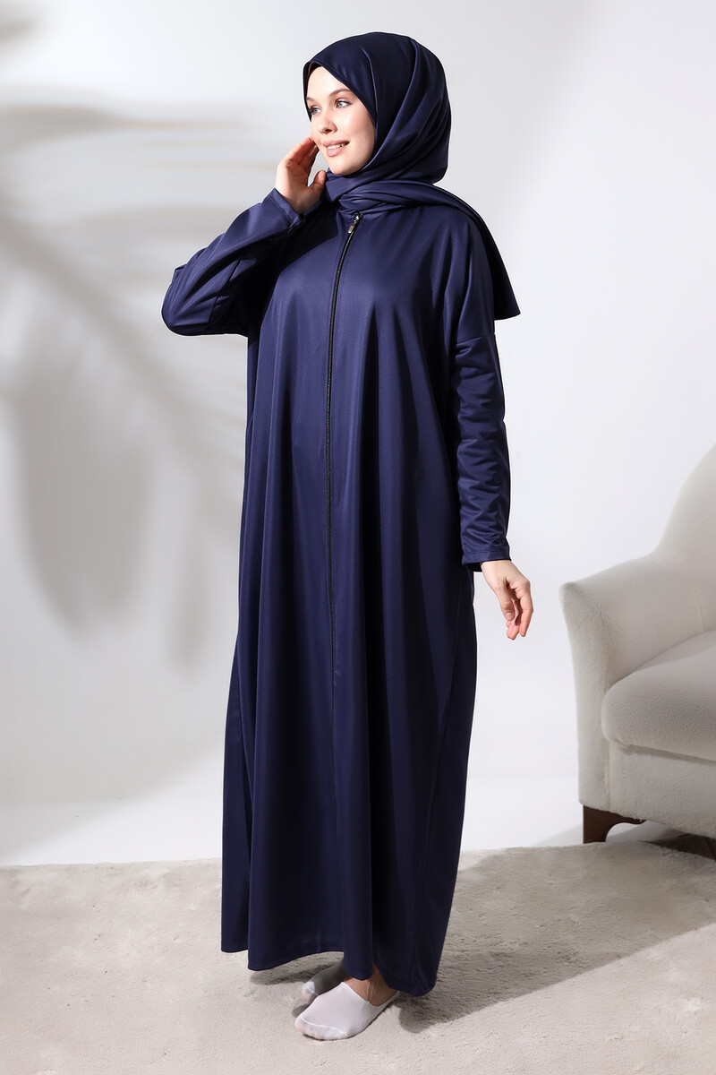 Women's One Piece Zippered Prayer Dress with Headscarf Navy Blue - 4