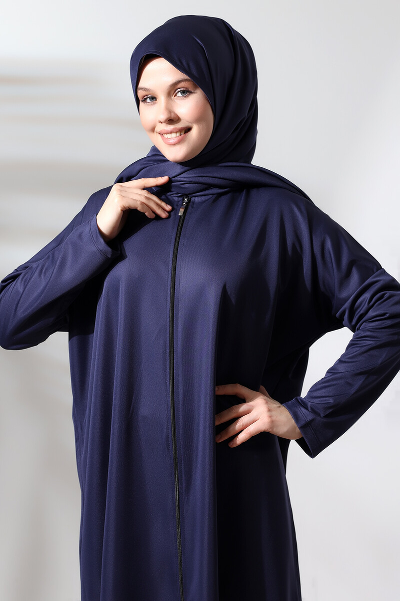 Women's One Piece Zippered Prayer Dress with Headscarf Navy Blue - 6